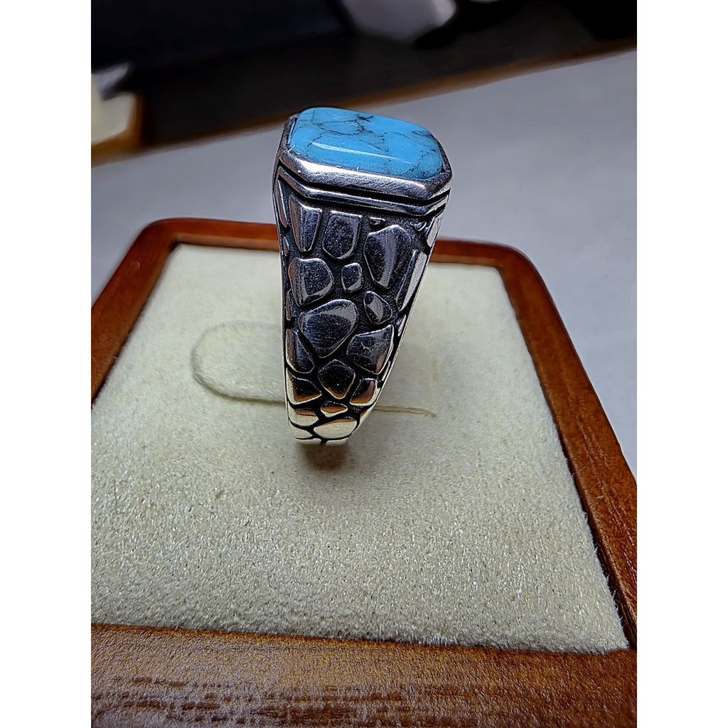 S10 Natural Turquoise Signet Engraved Ring 925 Sterling Silver