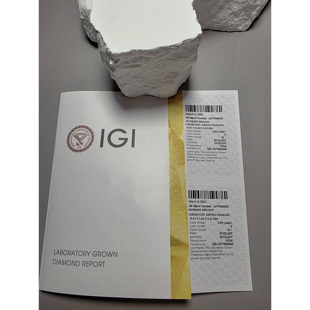 1.0ct Marquise Brilliant Cut Lab Diamond CVD IGI Certified Color:E Clarity: VS1
