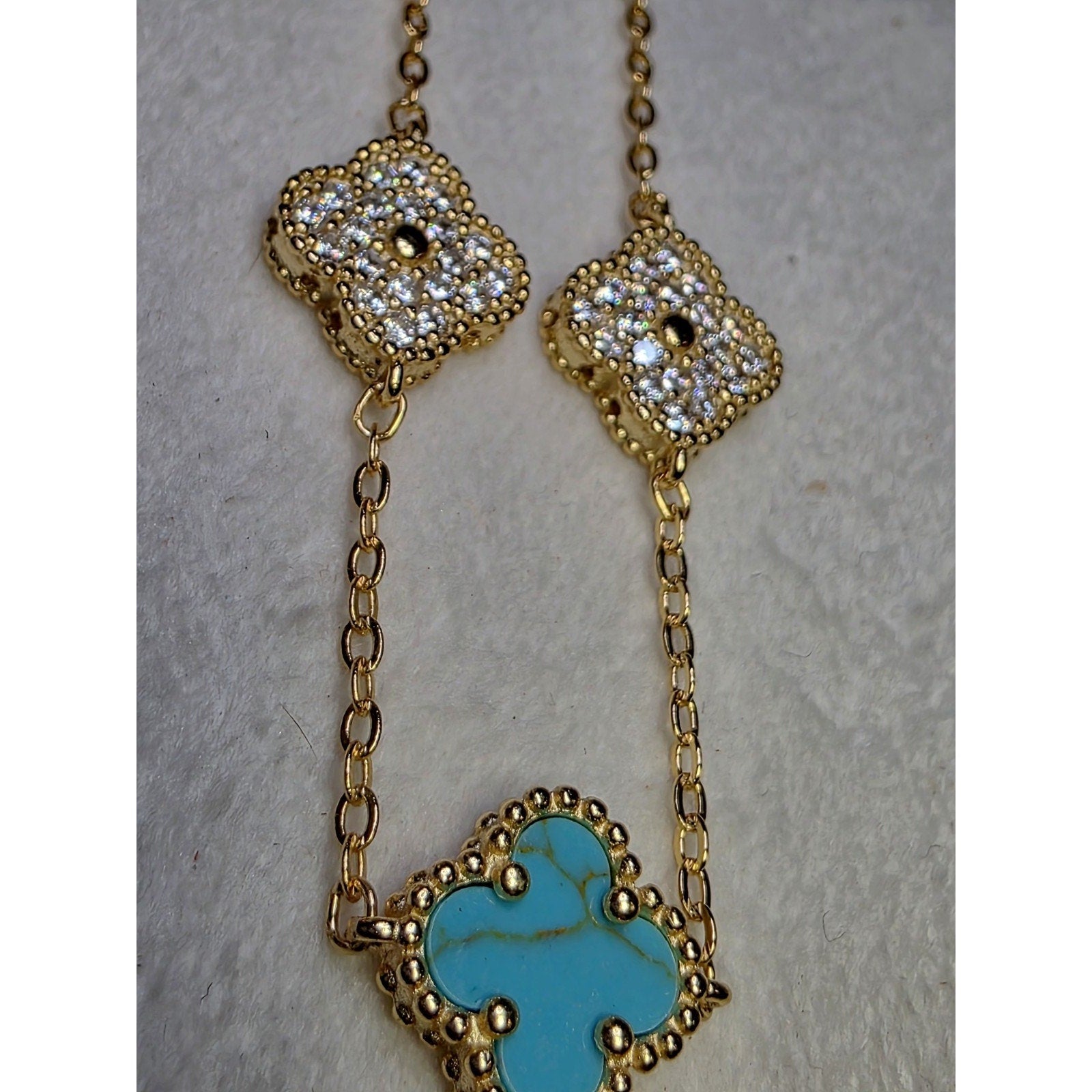 7-8" Turquoise & Moissanite Alternating Clover Bracelet Gold over 925 Sterling Silver