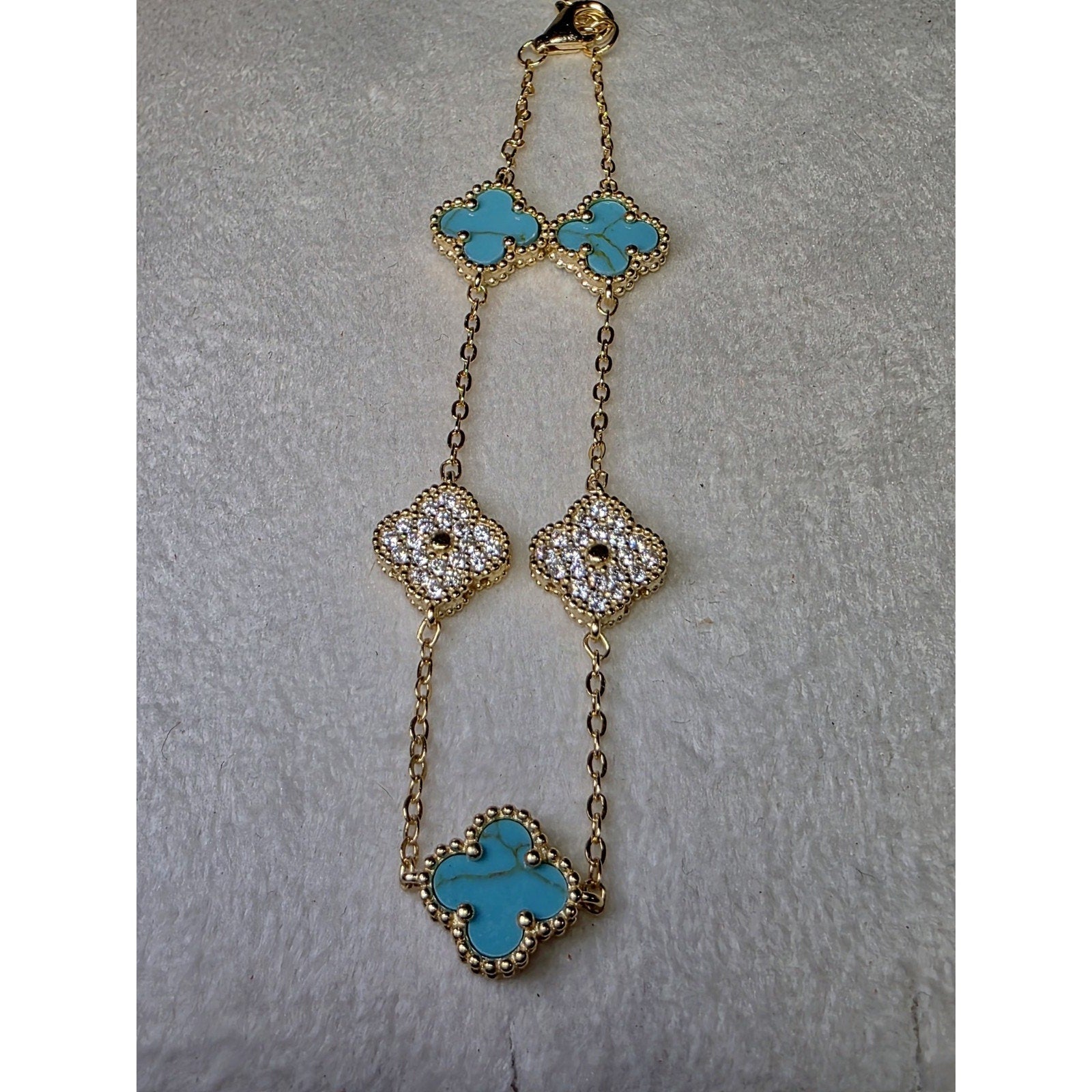 7+1" Turquoise&Moissanite Alternating Bracelet Gold over 925 Sterling Silver