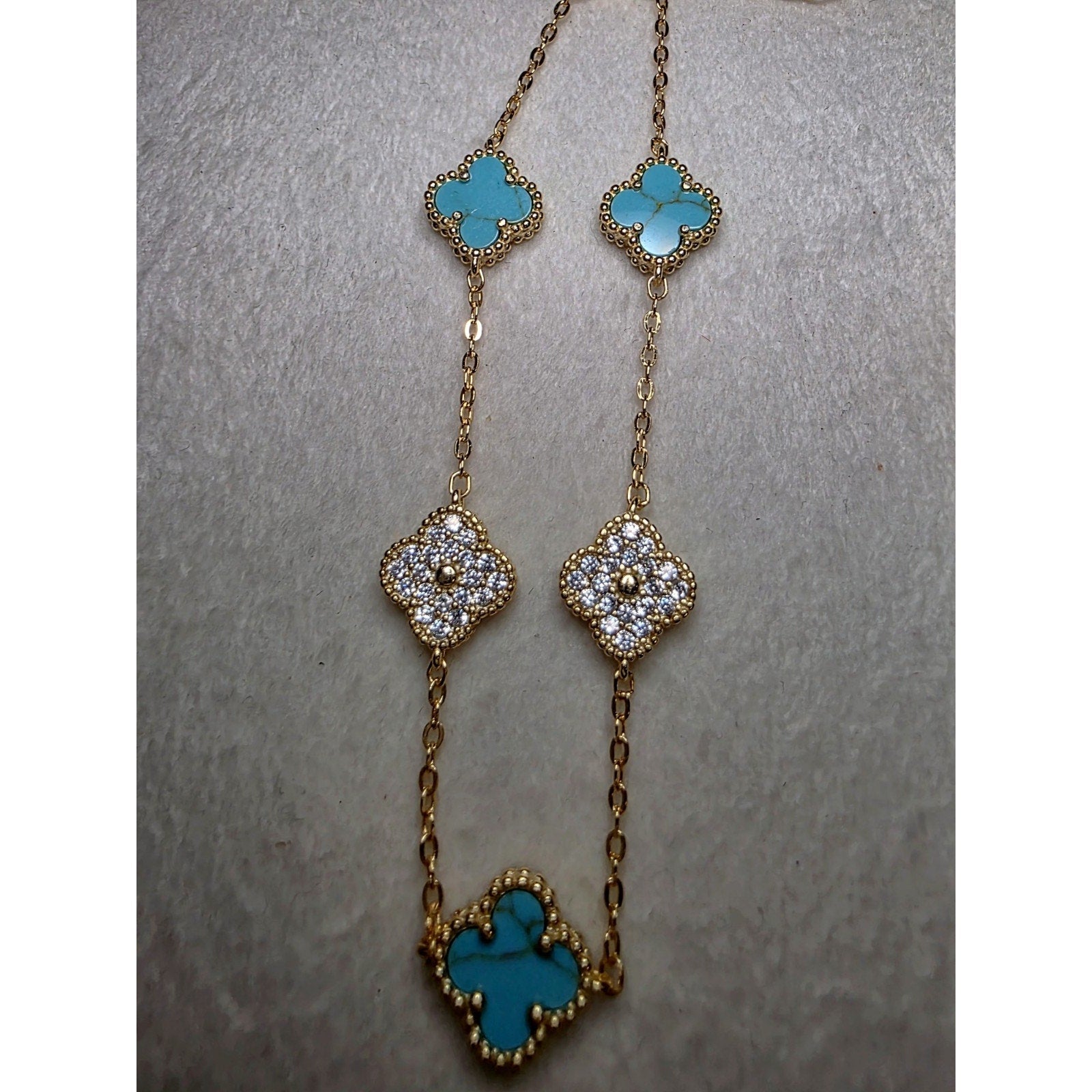 7+1" Turquoise&Moissanite Alternating Bracelet Gold over 925 Sterling Silver