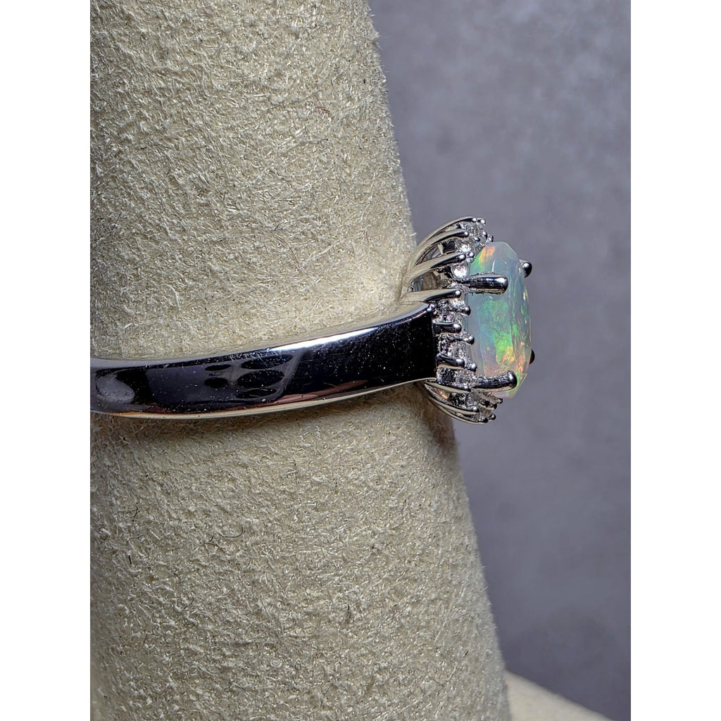 S7 Natural Ethiopian Opal w/0.46ctw Moissanite Halo Ring 925 Sterling Silver