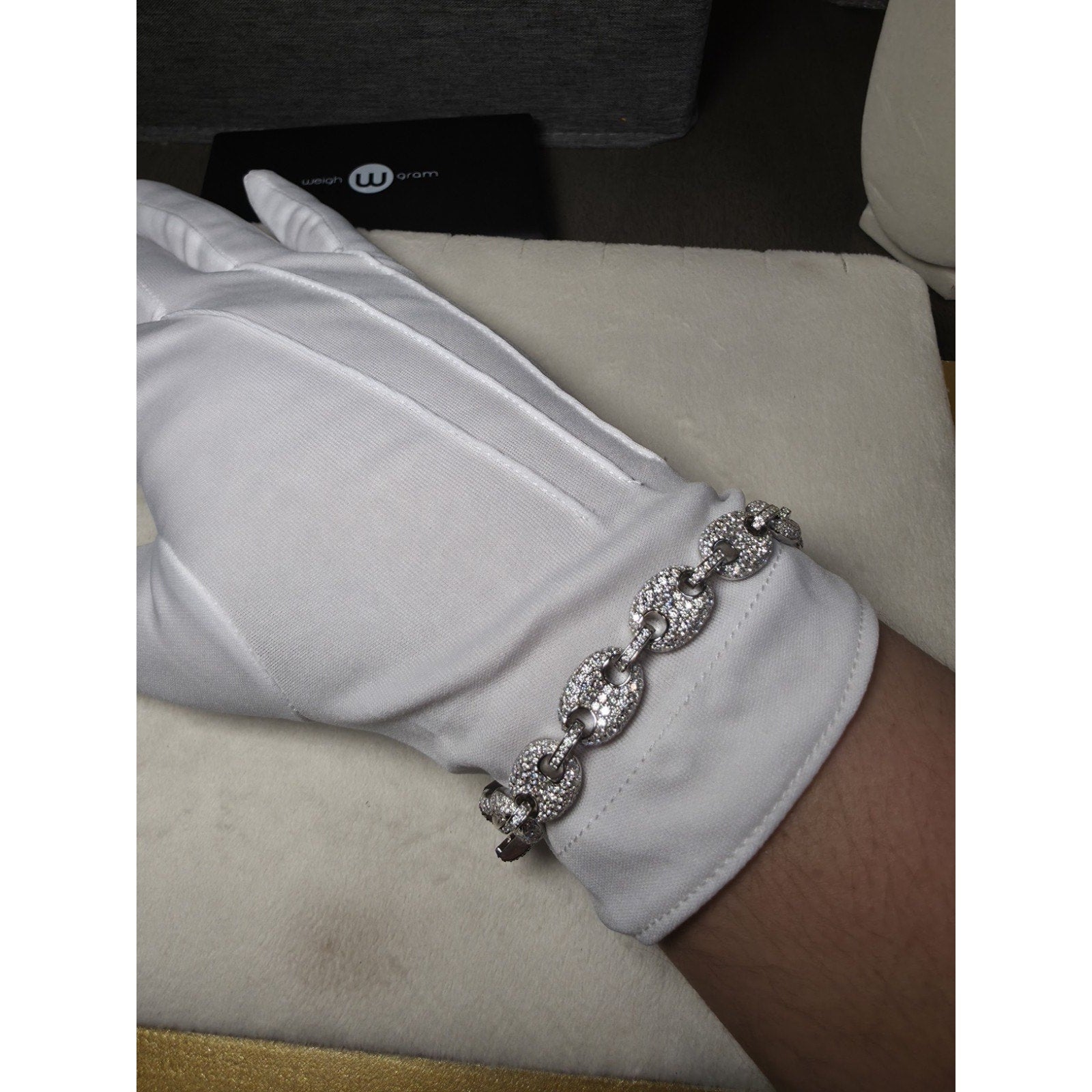 8" 10.8mm Moissanite Puff Mariner Bracelet w/Coffin Lock 925 Sterling Silver