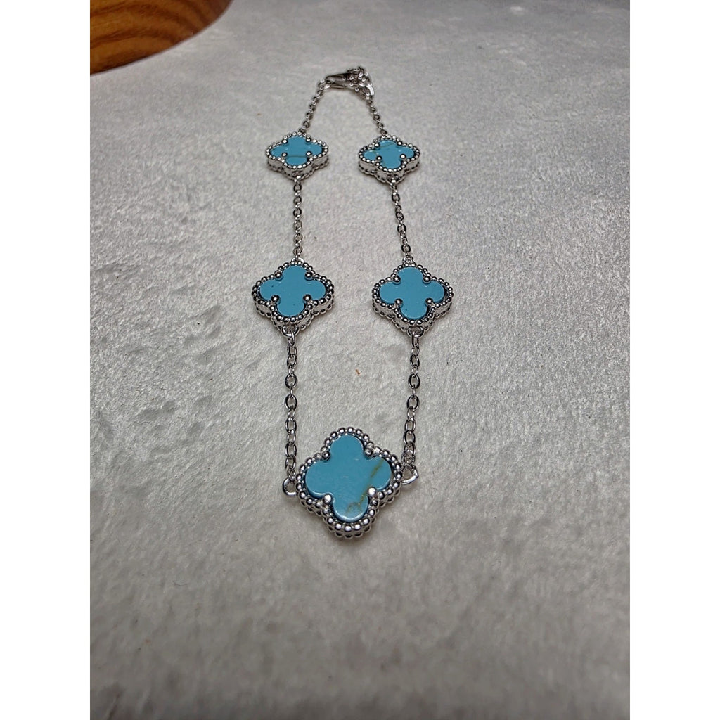 7+1" Turquoise Station Clover Bracelet Adjustable 925 Sterling Silver