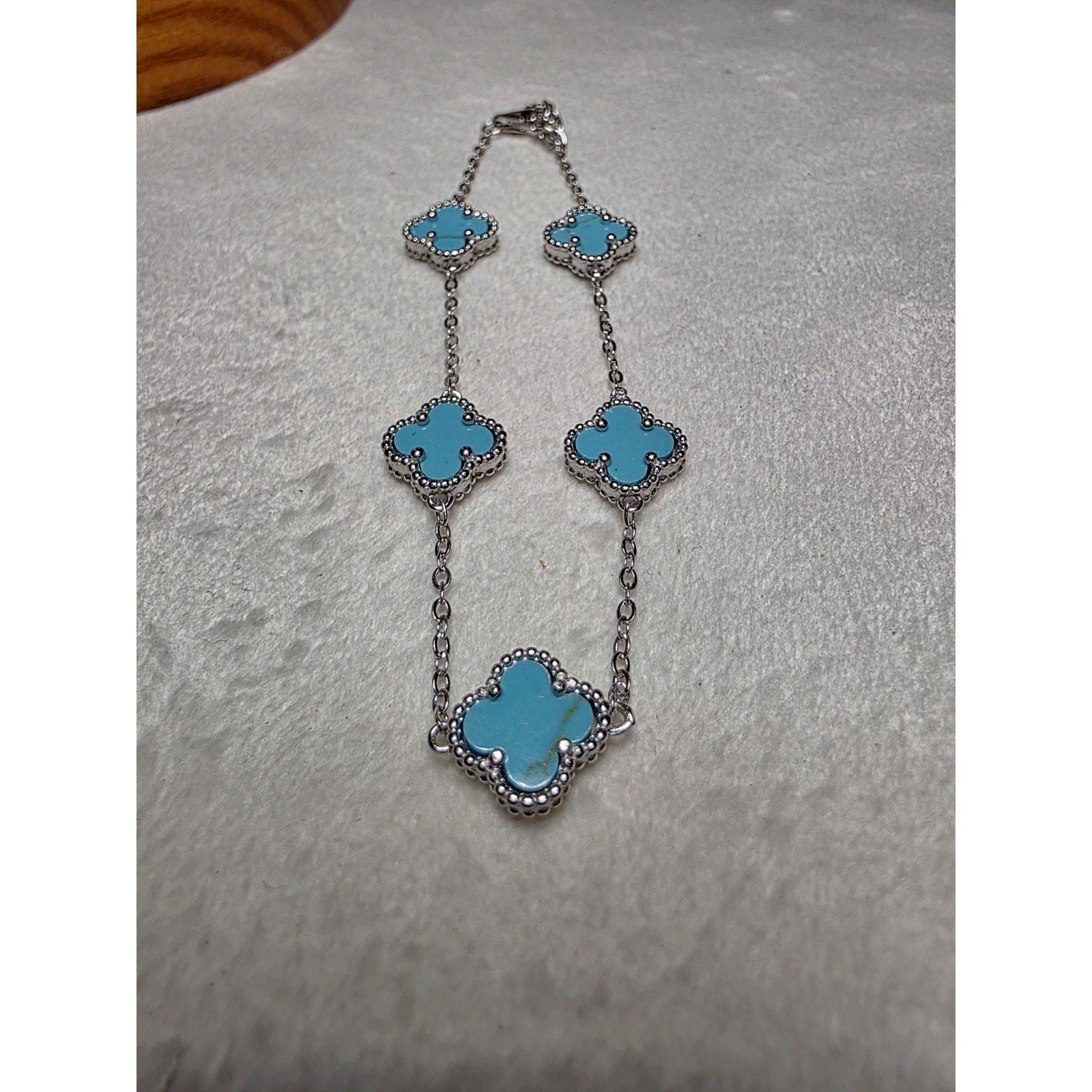 7+1" Turquoise Station Clover Bracelet Adjustable 925 Sterling Silver