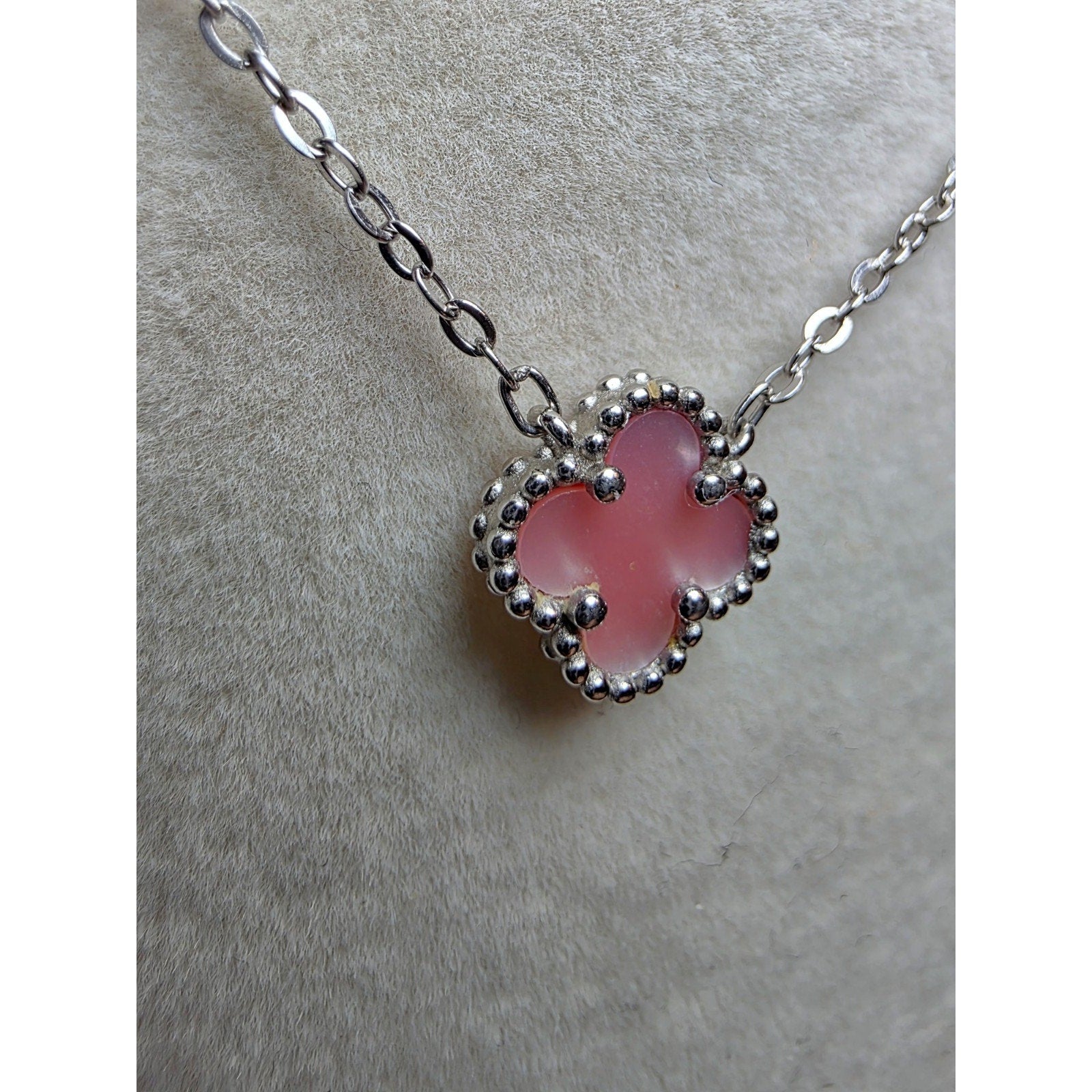 16+2" 925 Sterling Silver Clover Pendant Necklace with Pink Enamel