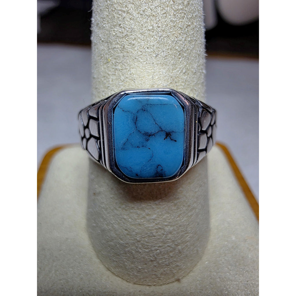 S10 Natural Turquoise Signet Engraved Ring 925 Sterling Silver