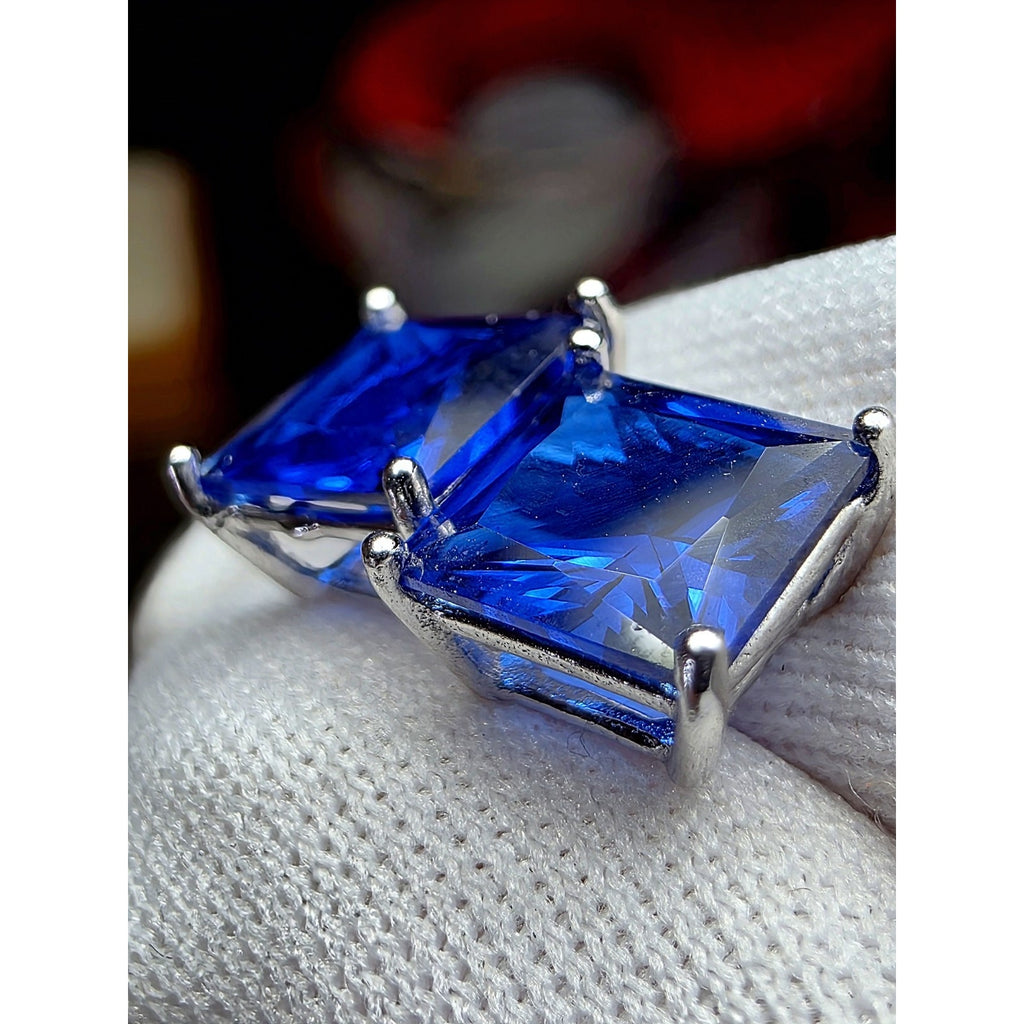 7mm Lab Sapphire Princess Cut Earrings w/Butterfly Back 925 Sterling Silver