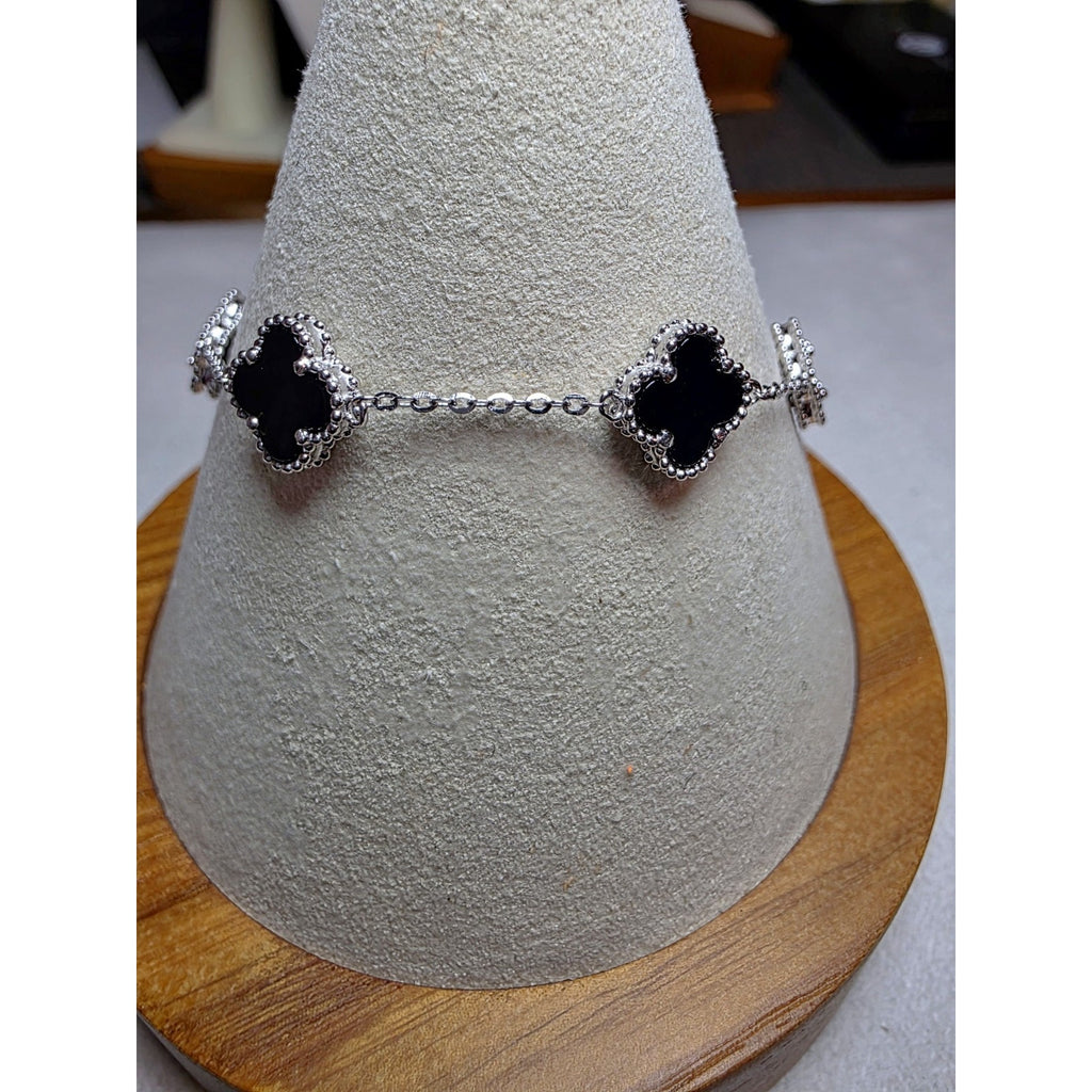 7+1" Black Onyx Station Clover Bracelet 925 Sterling Silver