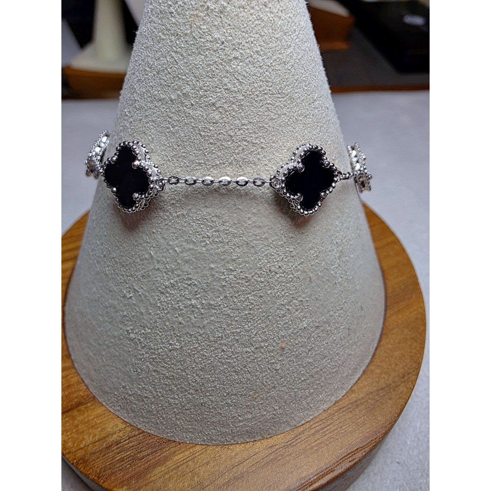 7+1" Black Onyx Station Clover Bracelet 925 Sterling Silver