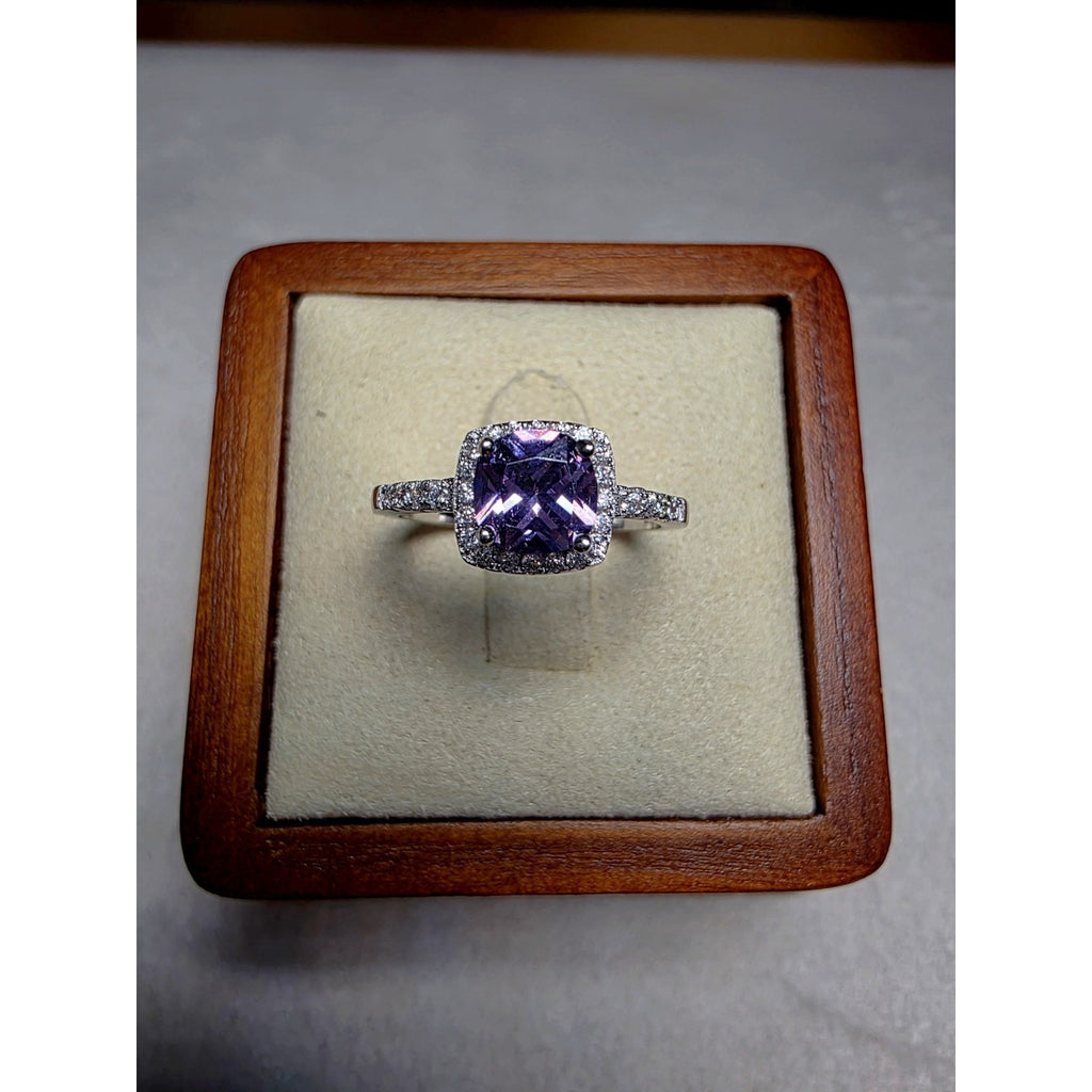 S6 Cushion Purple Amethyst Halo Moissanite Ring 925 Sterling Silver