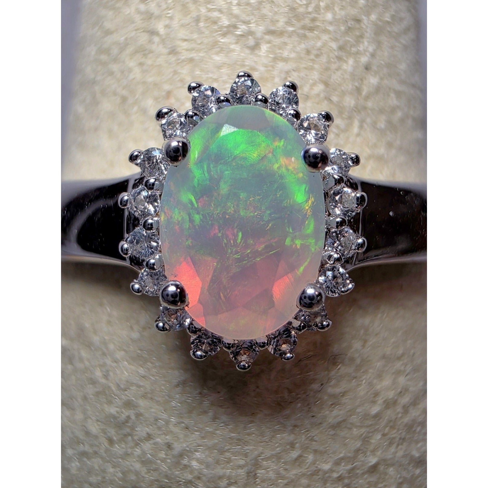 S7 Natural Ethiopian Opal w/0.46ctw Moissanite Halo Ring 925 Sterling Silver