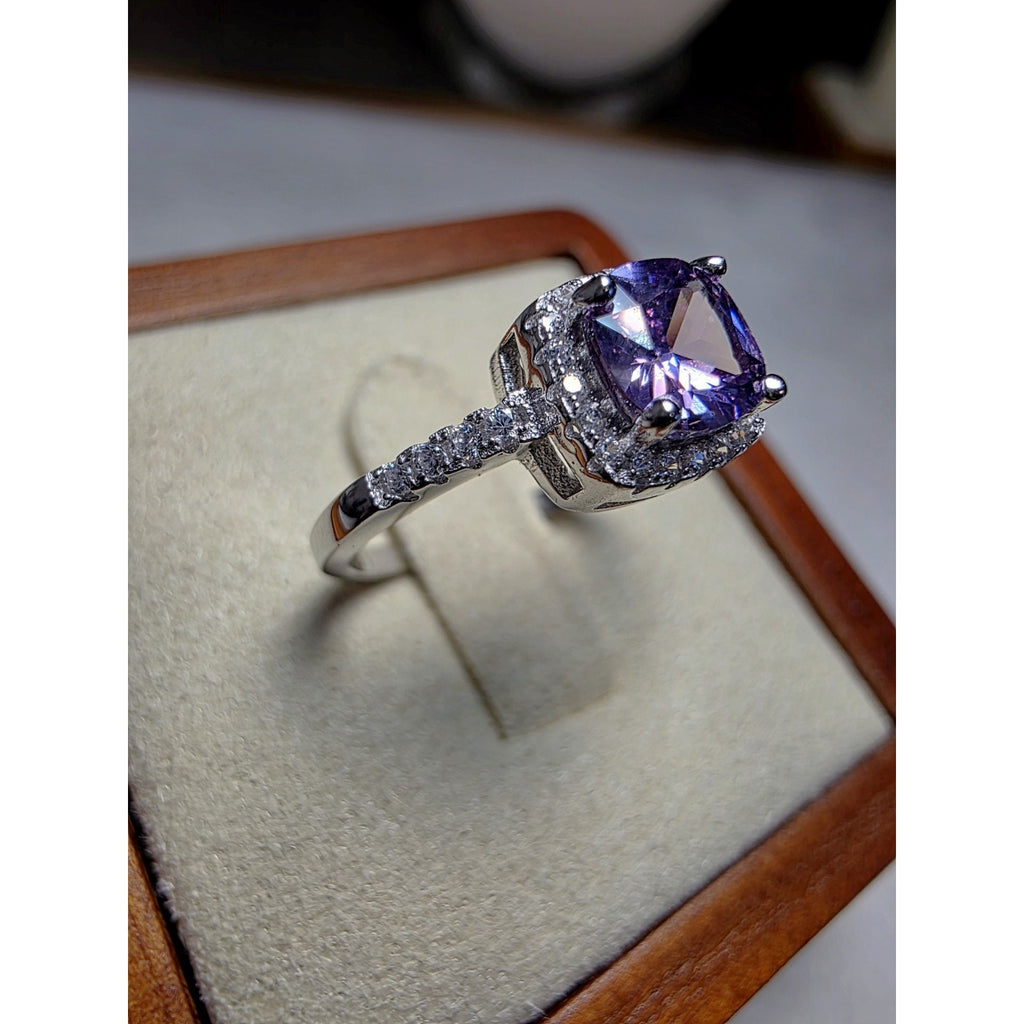S6 Cushion Purple Amethyst Halo Moissanite Ring 925 Sterling Silver