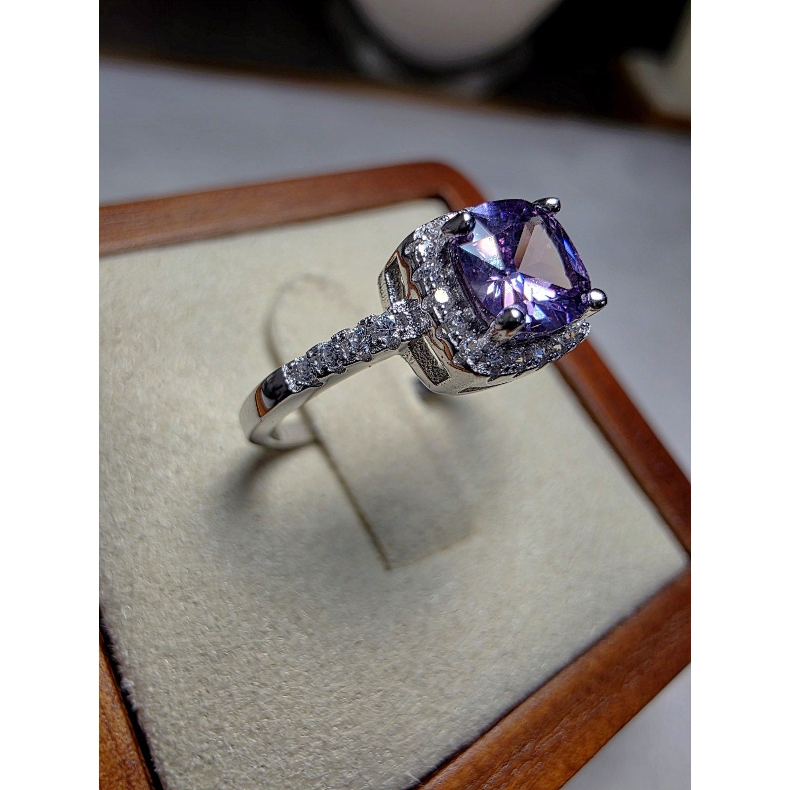 S6 Cushion Purple Amethyst Halo Moissanite Ring 925 Sterling Silver