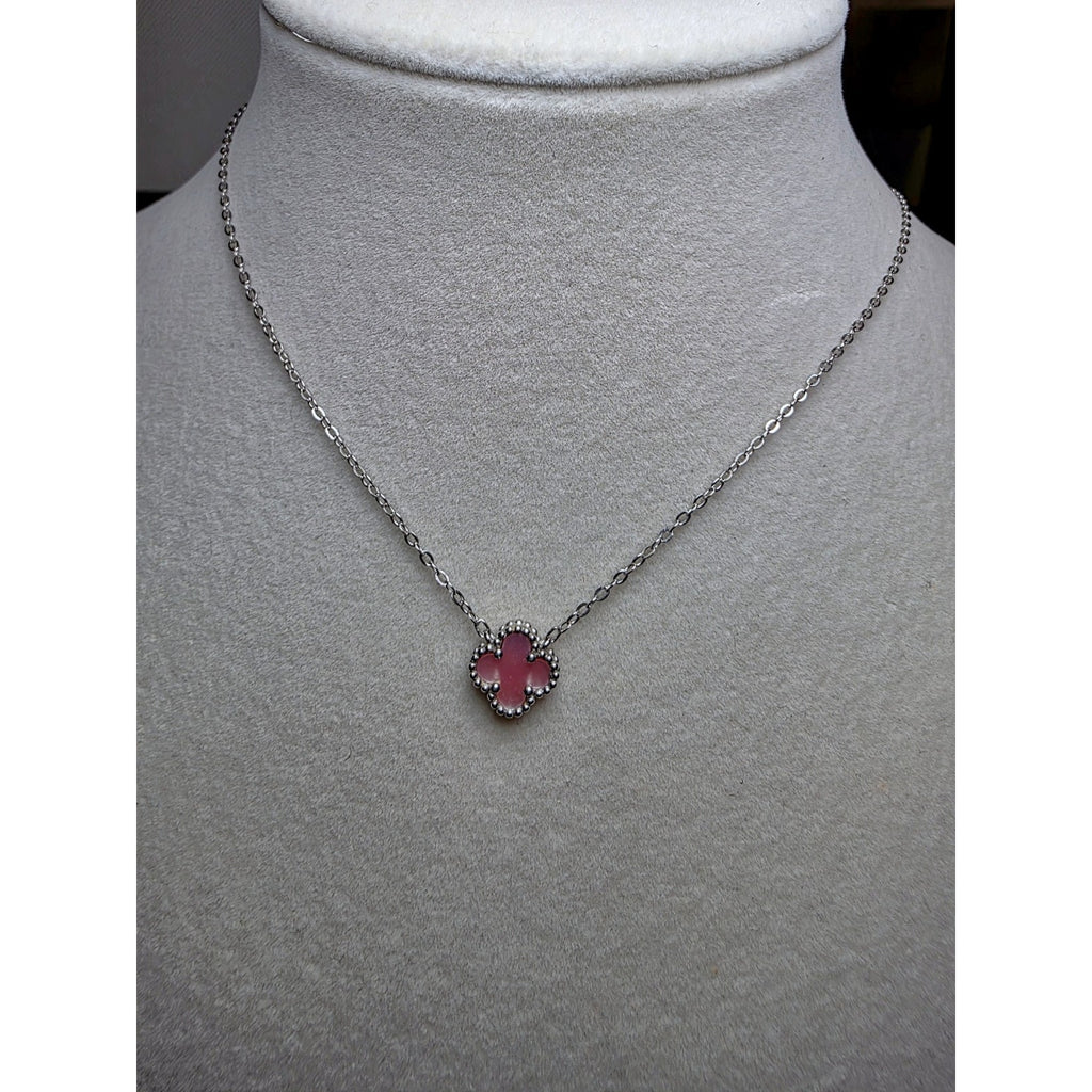 16+2" 925 Sterling Silver Clover Pendant Necklace with Pink Enamel