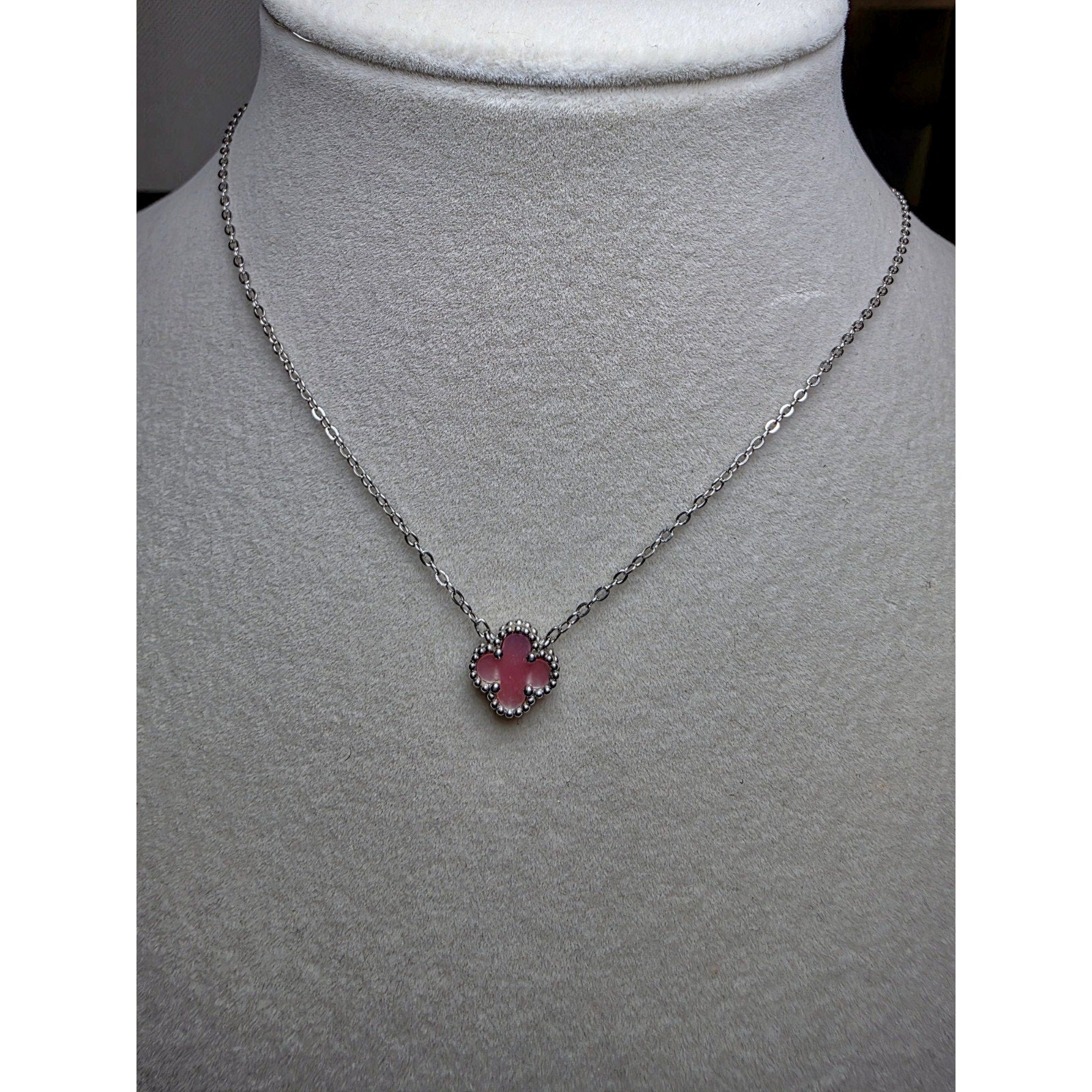 16+2" 925 Sterling Silver Clover Pendant Necklace with Pink Enamel