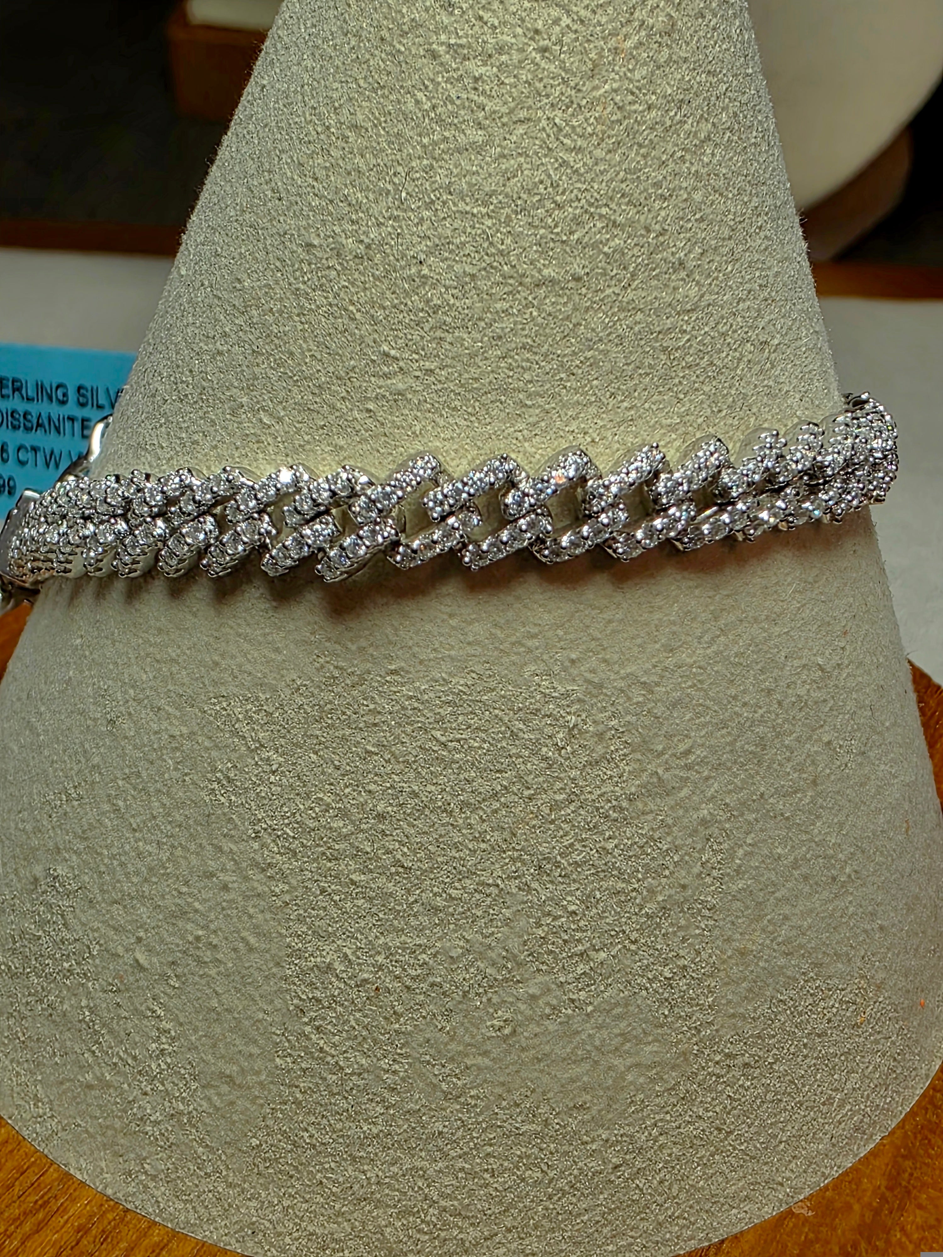 7.5" 6mm Pavé Moissanite Miami Cuban Bracelet Box Clasp 925 Silver 12.19g